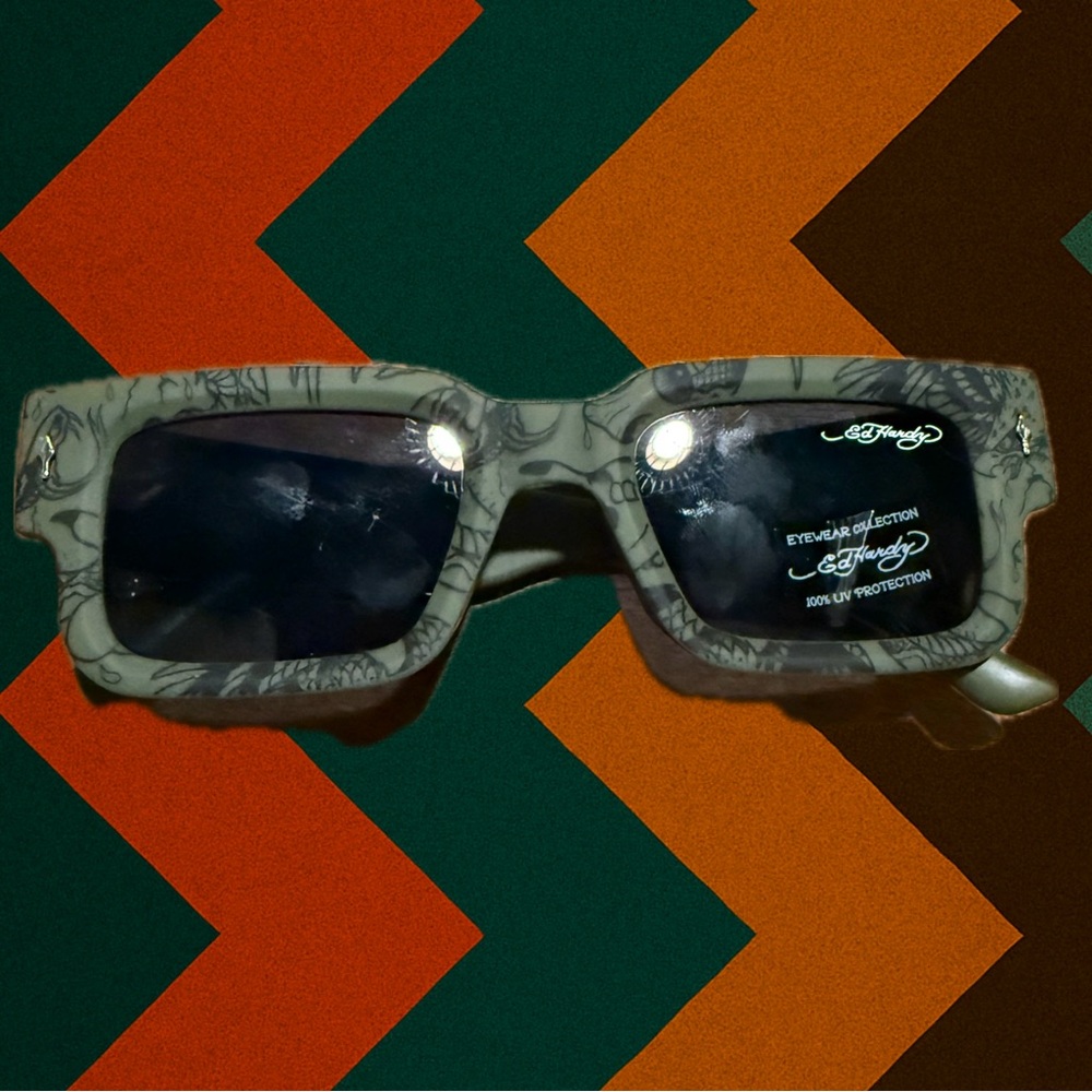 Ed Hardy Green Reflection Mirror White Shield Sunglasses
